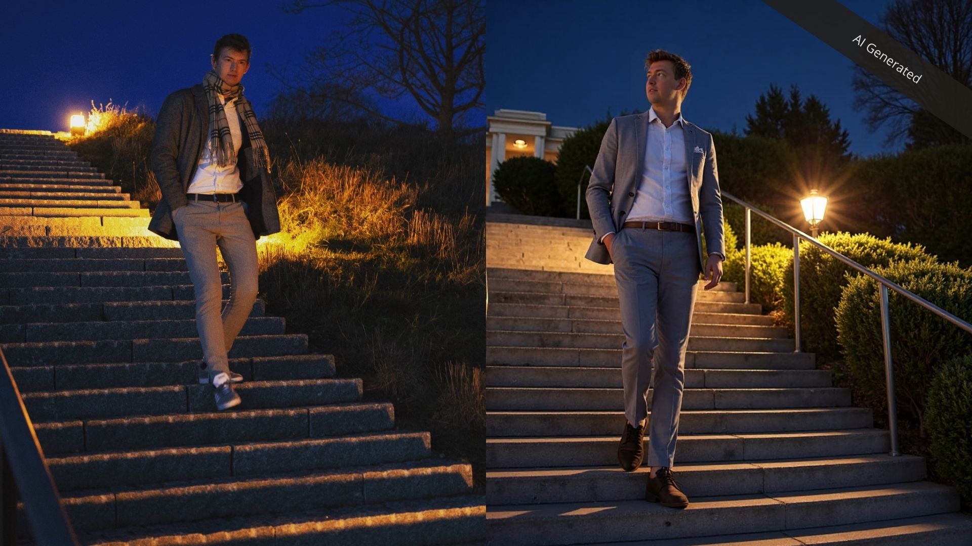 Man walking down stairs comparison ai